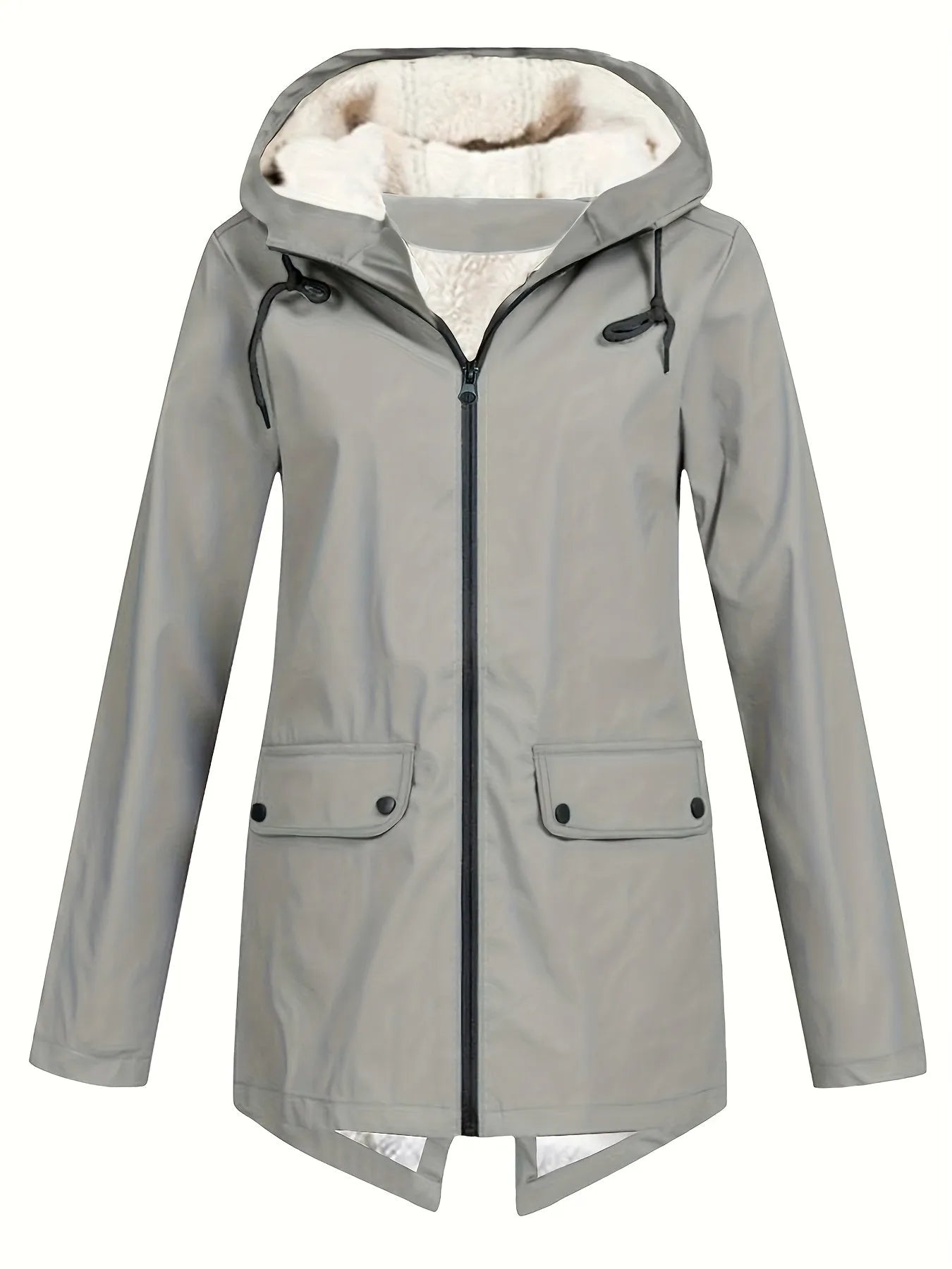Damen Regenjacke mit Kapuze, wasserdicht, grau, Fleece-Innenfutter, ideal für Outdoor-Aktivitäten, modisch und funktional.