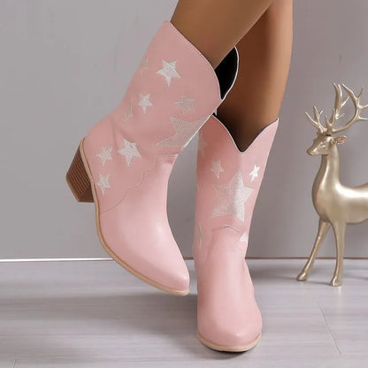 Rosa Cowboystiefel mit weißen Sternen, Blockabsatz, modisch, Damenstiefel, Westernstil, trendige Schuhe, elegantes Design, bequem.