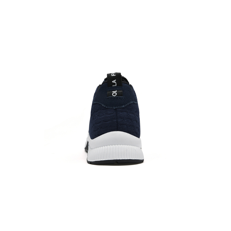 Dunkelblauer Sneaker, weißer Sohle, atmungsaktives Material, sportlich, Herrenmode.
