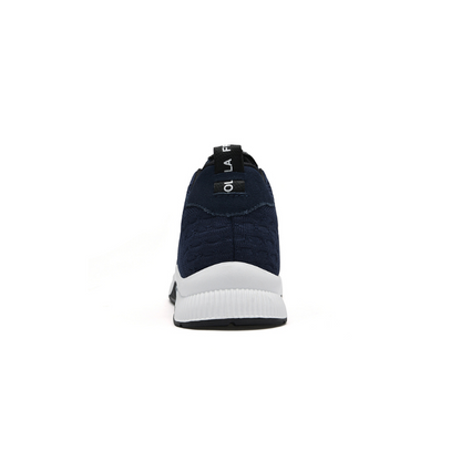 Dunkelblauer Sneaker, weißer Sohle, atmungsaktives Material, sportlich, Herrenmode.