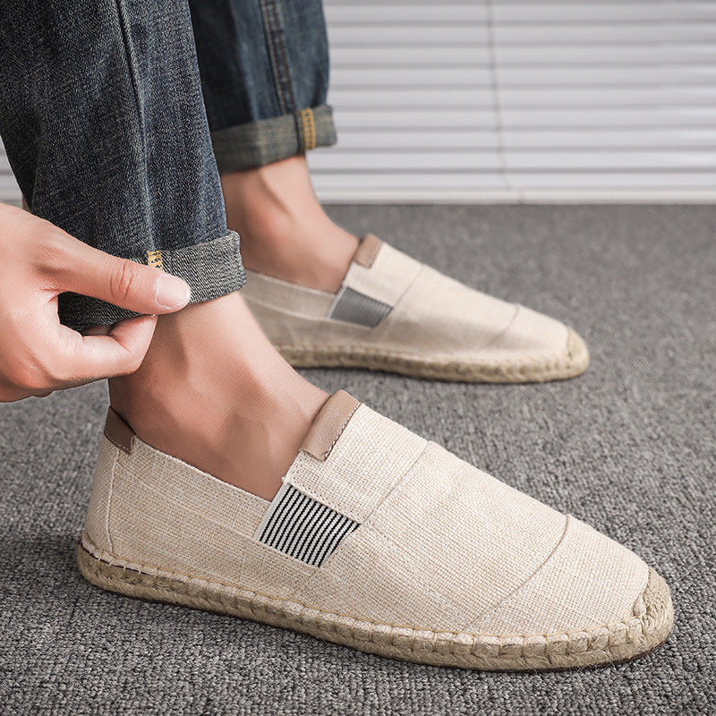 Beige Leinen-Espadrilles für Herren, lässig, bequem, mit Gummisohle, ideal für Sommer.