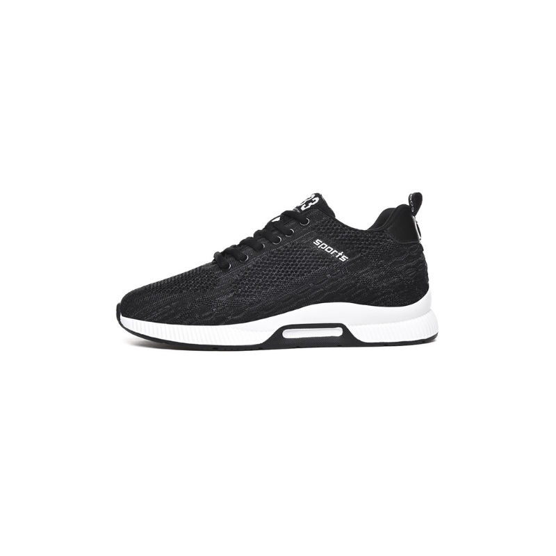 Schwarzer Sportschuh, atmungsaktives Mesh, weiße Sohle, Herren Sneaker, modisch, bequem.