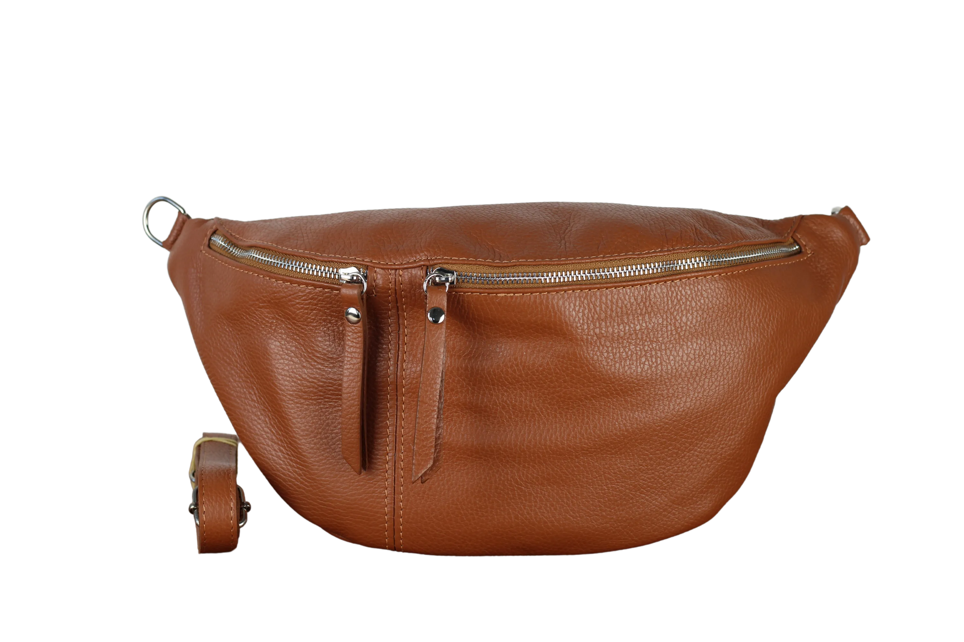 Braune Leder-Bauchtasche mit Reißverschluss, verstellbarem Riemen und modernem Design. Perfekt für stilvolle Aufbewahrung und Reisen.