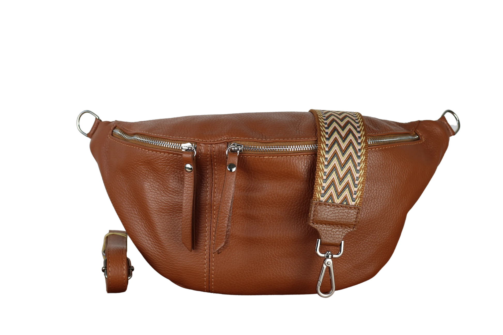 Braune Leder-Bauchtasche mit Reißverschlüssen und verstellbarem, gemustertem Gurt. Modische Gürteltasche für Damen und Herren.