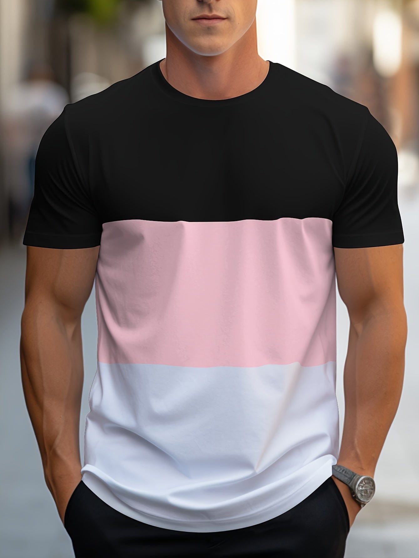 Männer T-Shirt, schwarz-rosa-weiß, Baumwolle, lässig, modisch, Kurzarm, Streetwear.