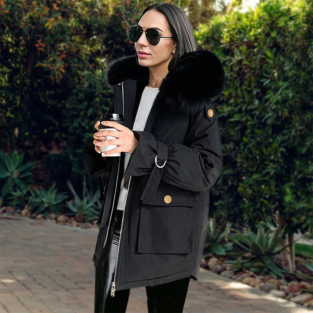 Damen Winterjacke mit Kunstpelzkragen, schwarz, warm und stilvoll. Perfekt für kalte Tage. Outdoor-Mode, trendige Winterbekleidung.