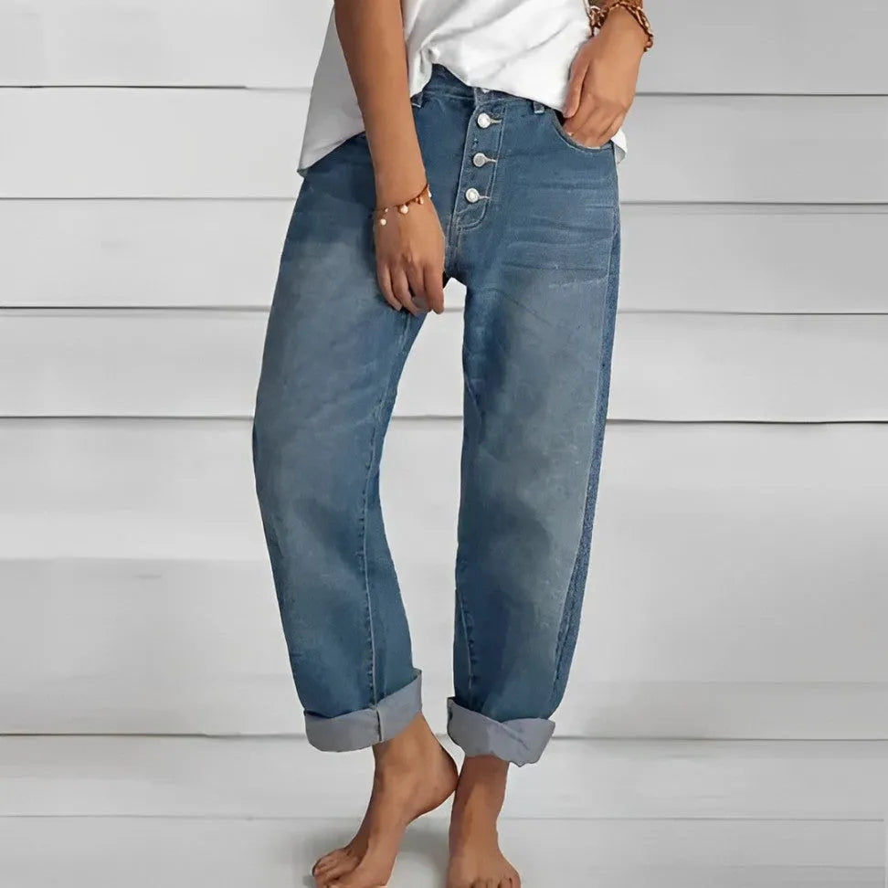Damen-Jeans, oversized, blau, mit Knöpfen und Taschen. Sommermode, lässig, Empire-Taille, lange Hose, bequem, trendig, Freizeitlook.