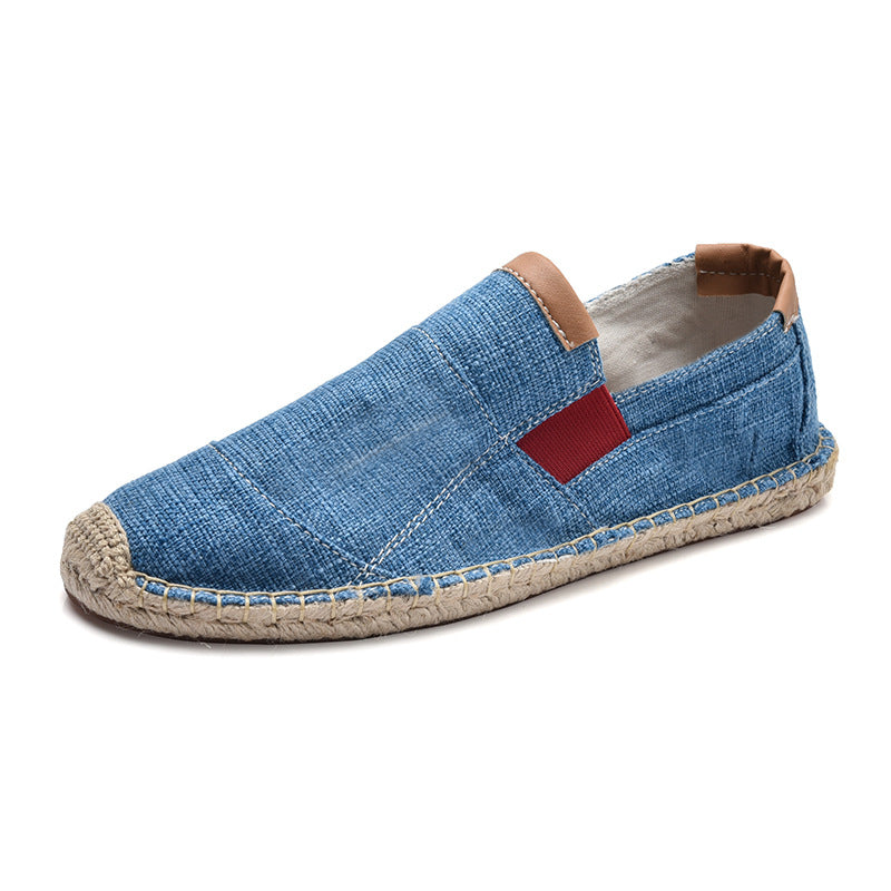 Blaue Espadrilles aus Denim mit rotem Detail und Jutesohle, Freizeitschuh für Herren.