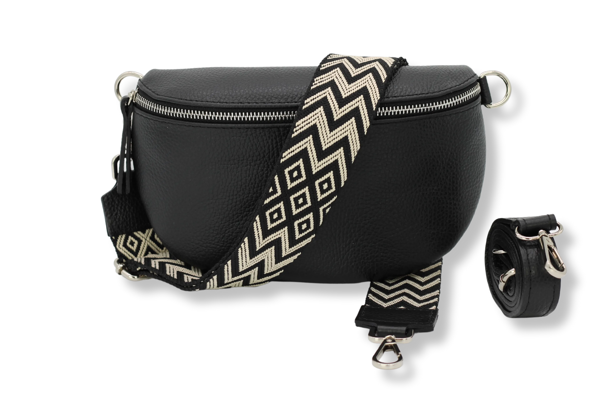 Schwarze Leder-Bauchtasche mit geometrischem Muster, verstellbarem Riemen und Reißverschluss. Modische Gürteltasche für Damen und Herren.