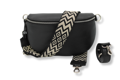 Schwarze Leder-Bauchtasche mit geometrischem Muster, verstellbarem Riemen und Reißverschluss. Modische Gürteltasche für Damen und Herren.