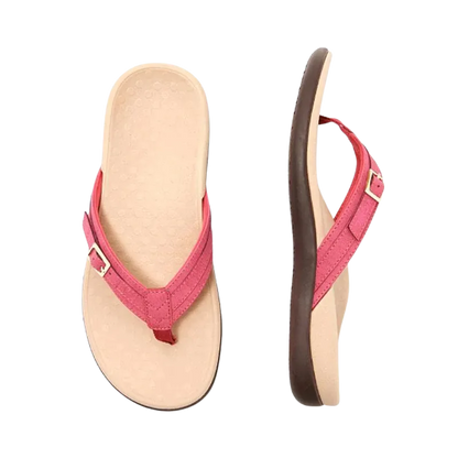 Rote Damen-Sandalen mit ergonomischem Fußbett, rutschfester Sohle und verstellbarem Riemen. Perfekt für Sommer, Strand und Freizeit.