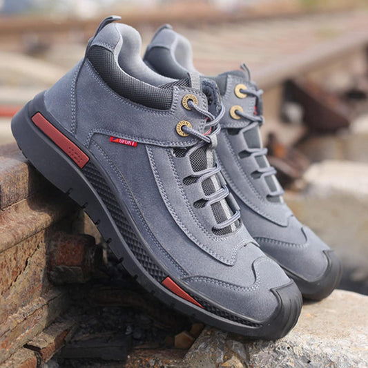 Graue Wanderschuhe für Herren, rutschfest, robust, Outdoor, Leder, Schnürung, bequem.