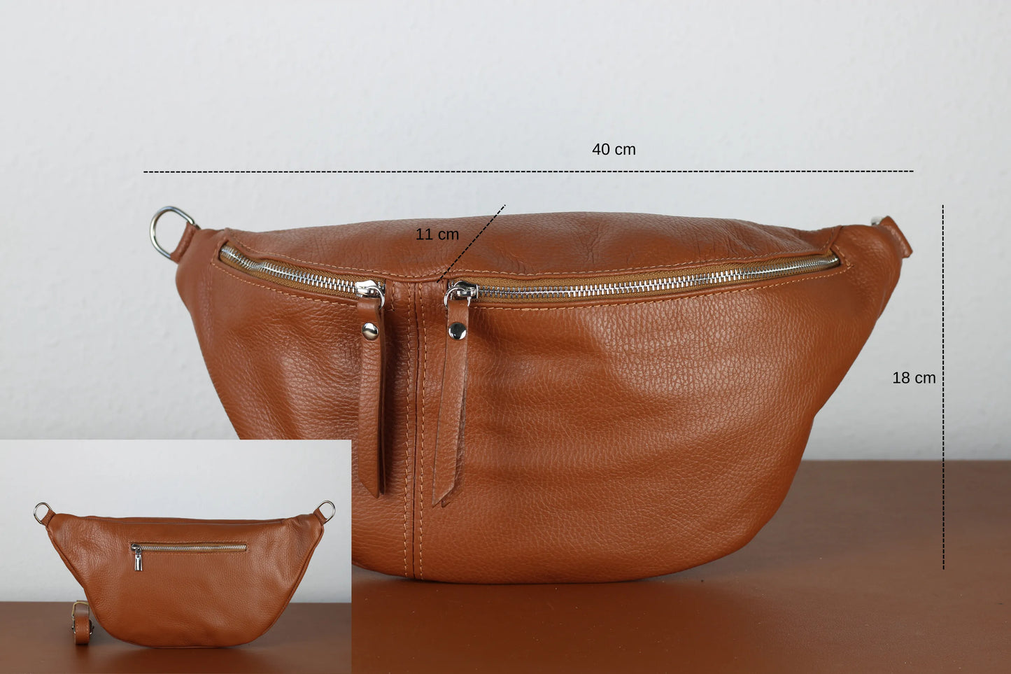 Braune Leder-Gürteltasche mit Reißverschluss, 40 cm breit, 18 cm hoch. Praktisch und stilvoll für Reisen und Alltag. Hochwertige Verarbeitung.