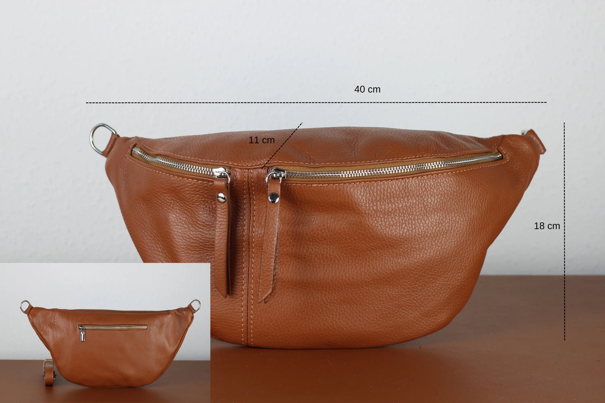 Braune Leder-Gürteltasche mit Reißverschluss, 40 cm breit, 18 cm hoch. Praktisch und stilvoll für Reisen und Alltag. Hochwertige Verarbeitung.