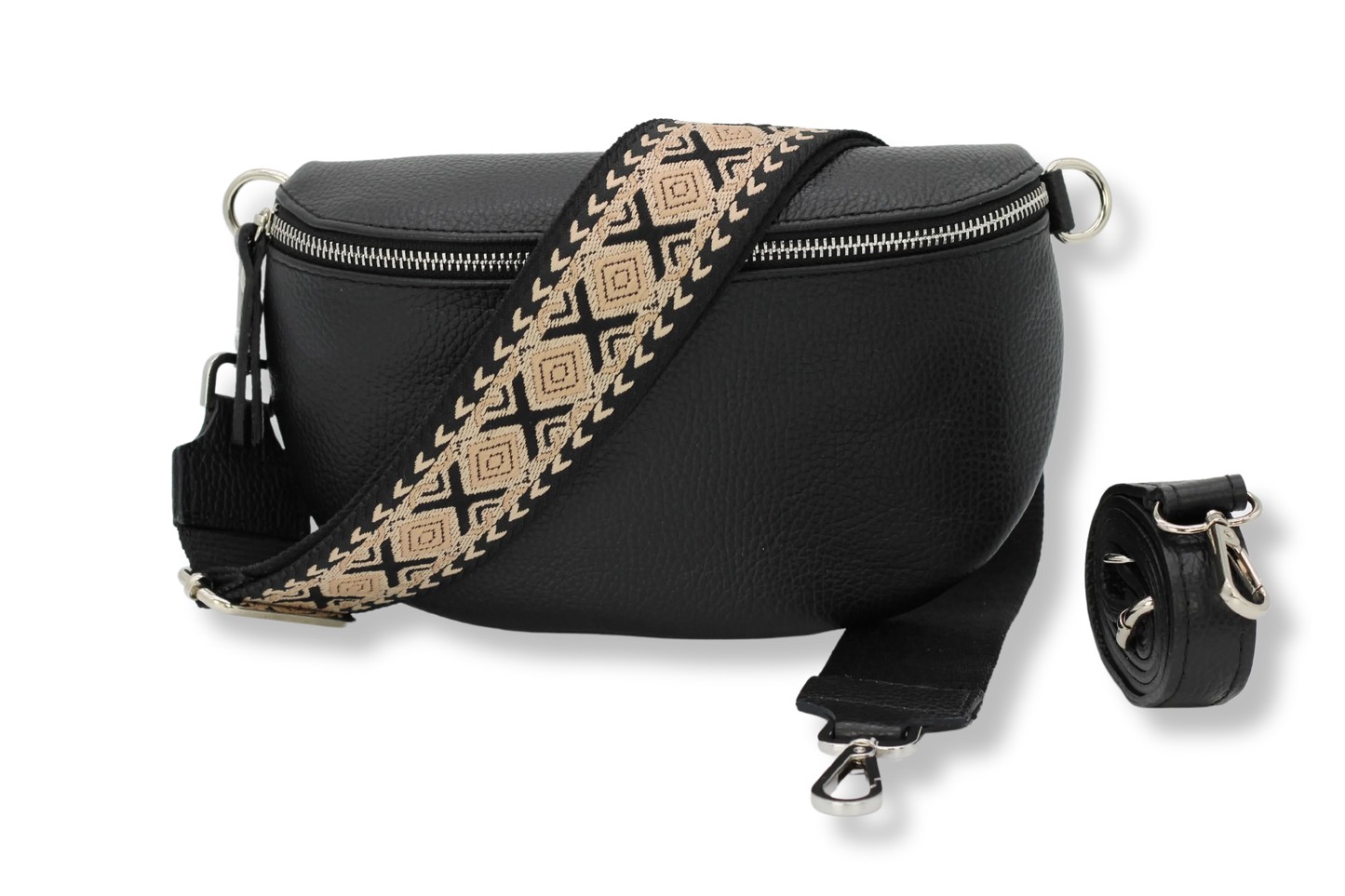 Schwarze Leder-Bauchtasche mit verstellbarem, gemustertem Schultergurt. Stilvoll und praktisch für den Alltag. Ideal für Damenmode und Accessoires.