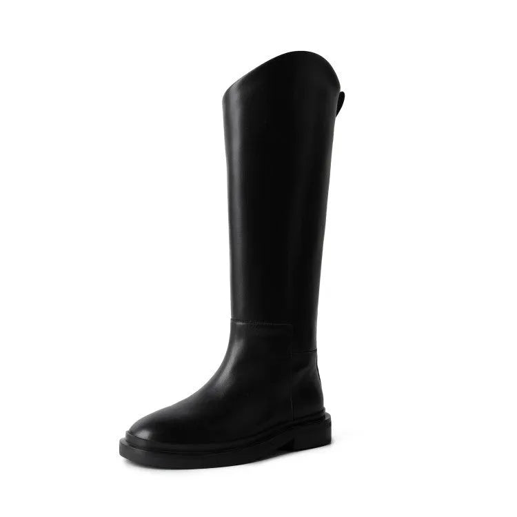 Schwarzer Damen-Reitstiefel aus Leder, knielang, elegantes Design, ideal für Herbstmode. Perfekt für stilvolle Outfits und Outdoor-Aktivitäten.