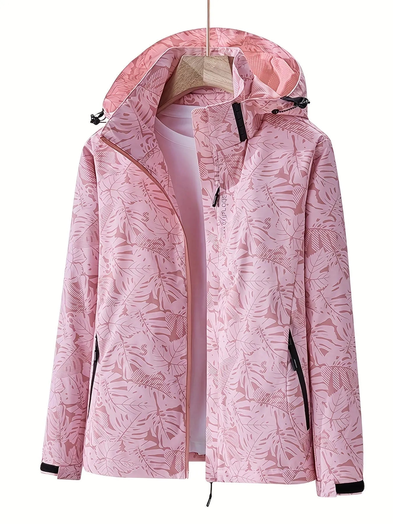 Damen Regenjacke rosa mit Blattmuster, wasserdicht, atmungsaktiv, Kapuze, Outdoor-Bekleidung, ideal für Wandern und Freizeitaktivitäten.