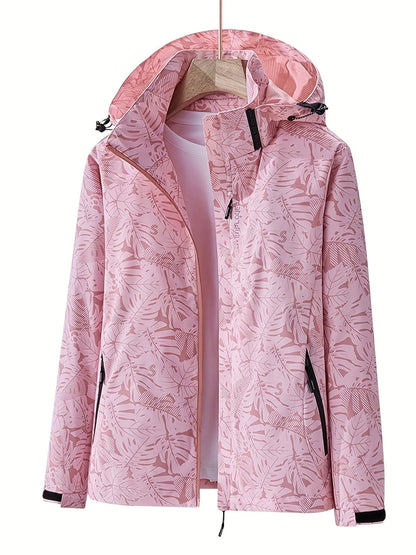 Damen Regenjacke rosa mit Blattmuster, wasserdicht, atmungsaktiv, Kapuze, Outdoor-Bekleidung, ideal für Wandern und Freizeitaktivitäten.