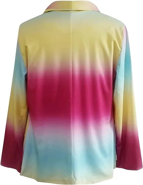 Bunte Damenbluse mit Farbverlauf in Gelb, Pink und Blau. Langarm, modisch, ideal für Frühling und Sommer. Perfekt für trendbewusste Frauen.