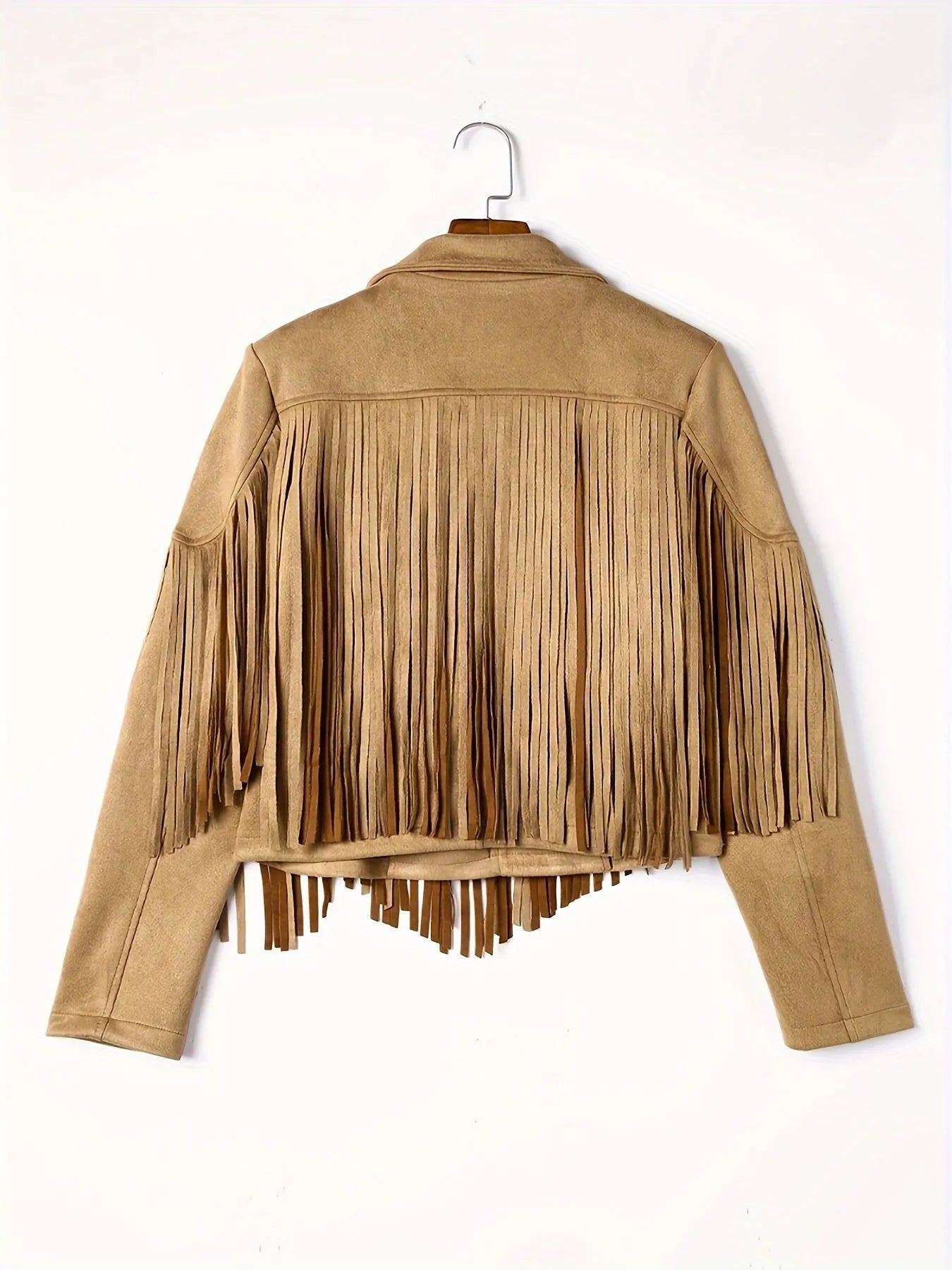 Damen Wildlederjacke mit Fransen, beige, modisch, Western-Stil, hochwertig, vielseitig, ideal für Herbst, trendige Oberbekleidung.