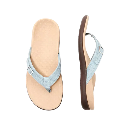 Hochwertige Damen-Sandalen mit hellblauem Riemen und bequemer Sohle. Perfekt für Sommer, Strand und Freizeit. Modisch und komfortabel.