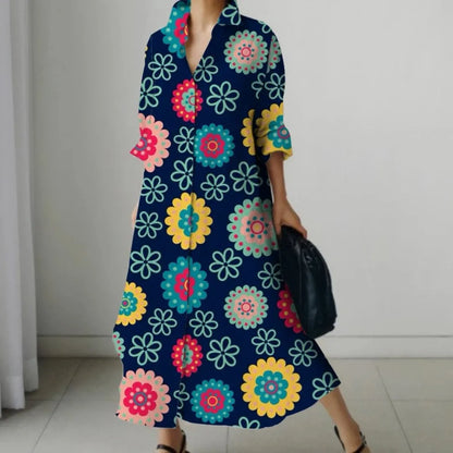Damenkleid mit buntem Blumenmuster, langärmelig, knielang, ideal für Frühling und Sommer. Modisches Design, bequem und stilvoll.