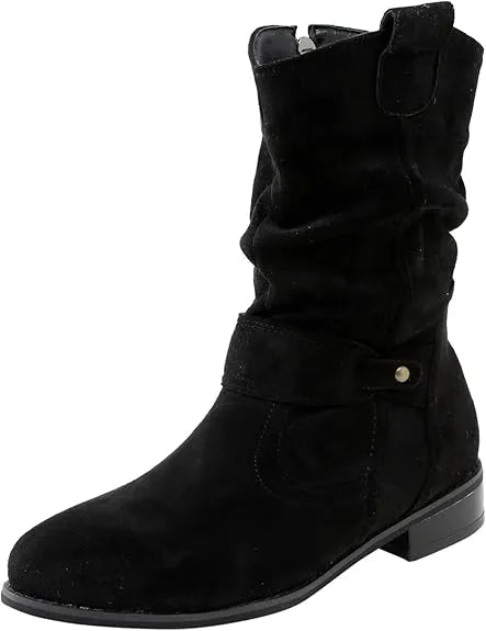 Schwarzer Wildlederstiefel für Damen, mittelhoher Schaft, rutschfeste Sohle, modisch und bequem, ideal für Herbst- und Wintermode.