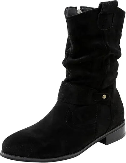 Schwarzer Wildlederstiefel für Damen, mittelhoher Schaft, rutschfeste Sohle, modisch und bequem, ideal für Herbst- und Wintermode.