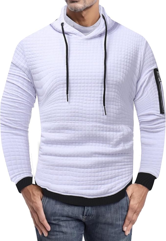 Herren-Kapuzenpullover in Weiß mit Steppmuster, langen Ärmeln und Reißverschlusstasche. Modischer Hoodie, ideal für Freizeit und Sport.