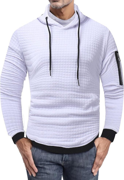 Herren-Kapuzenpullover in Weiß mit Steppmuster, langen Ärmeln und Reißverschlusstasche. Modischer Hoodie, ideal für Freizeit und Sport.