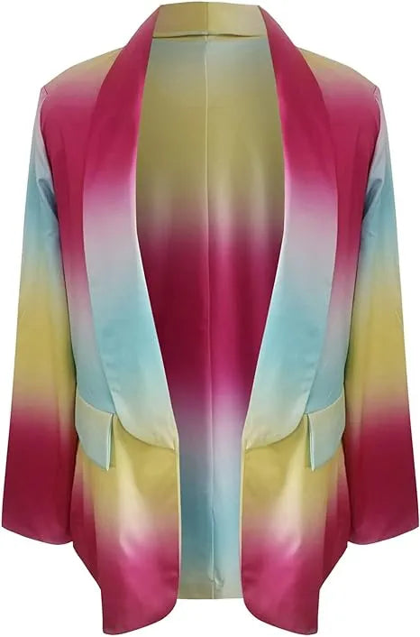 Bunter Damenblazer mit Farbverlauf in Pink, Blau und Gelb. Modischer, offener Schnitt, ideal für trendige Outfits und stilvolle Anlässe.