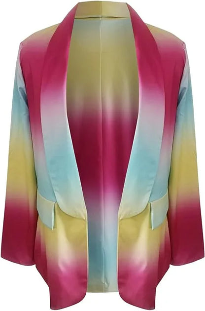 Bunter Damenblazer mit Farbverlauf in Pink, Blau und Gelb. Modischer, offener Schnitt, ideal für trendige Outfits und stilvolle Anlässe.