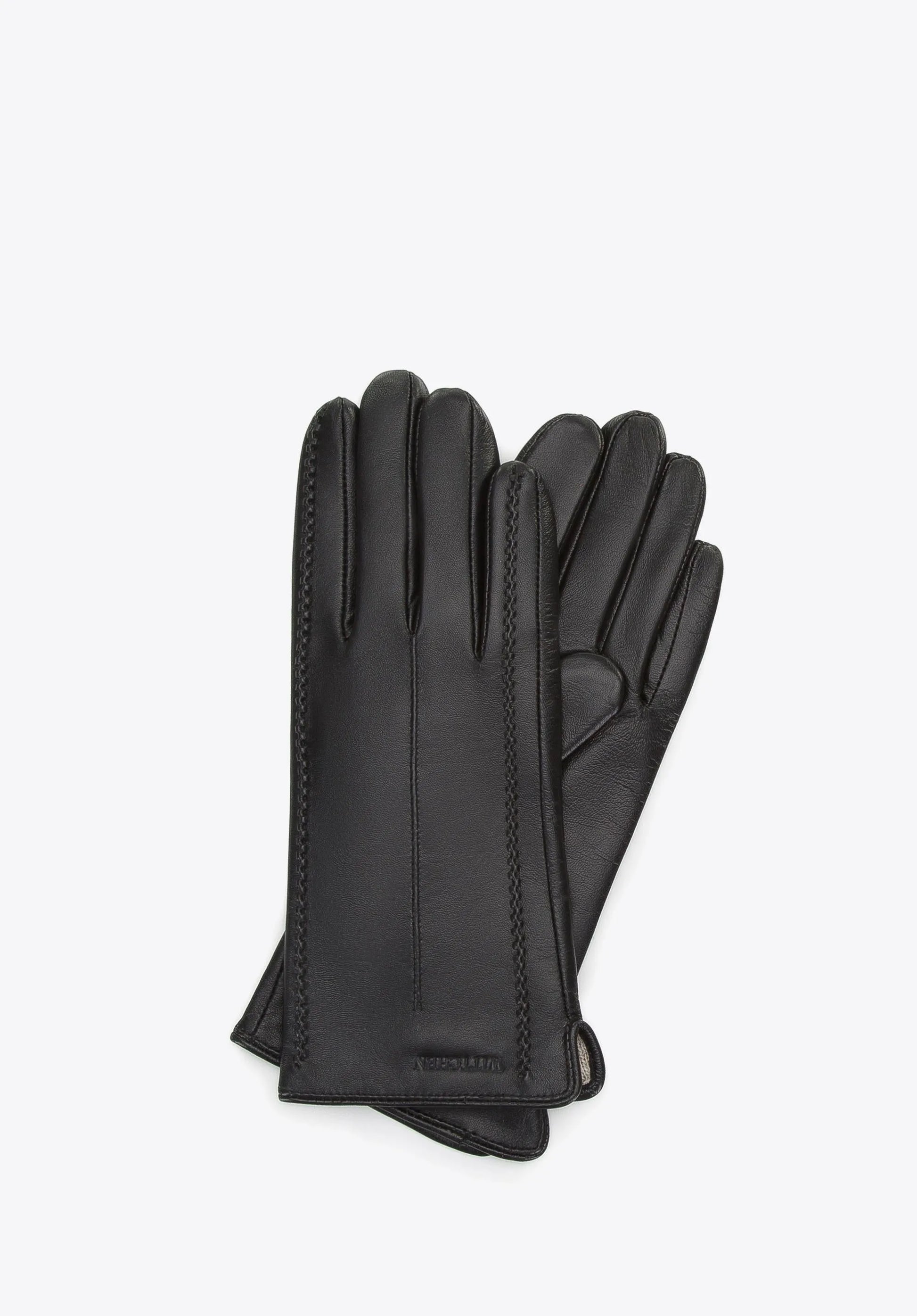 Schwarze Lederhandschuhe für Damen, elegant und warm, ideal für Wintermode. Hochwertiges Material, stilvolles Accessoire für kalte Tage.