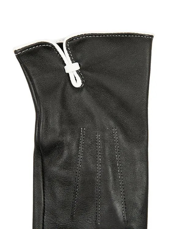 Schwarzer Lederhandschuh mit weißer Naht, elegantes Design, hochwertiges Material, ideal für stilvolle Wintermode und Accessoires.