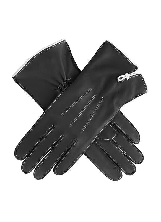 Schwarze Lederhandschuhe mit weißen Nähten, elegant und stilvoll, ideal für Herbst und Winter. Hochwertige Materialien, perfekte Passform.