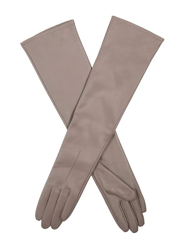 Damen-Lederhandschuhe in Taupe, lange Stulpen, elegantes Design, hochwertiges Material, ideal für Herbst und Winter, stilvolles Accessoire.