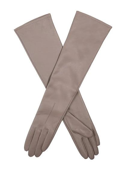 Damen-Lederhandschuhe in Taupe, lange Stulpen, elegantes Design, hochwertiges Material, ideal für Herbst und Winter, stilvolles Accessoire.