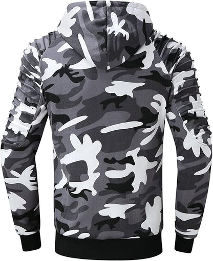 Herren Kapuzenpullover in grauem Camouflage-Design, langärmelig, modisch, ideal für Freizeit und Outdoor. Perfekt für trendbewusste Männer.