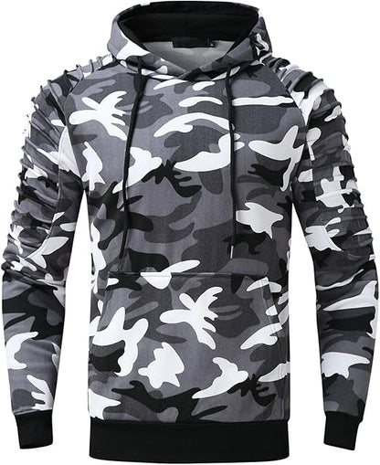 Herren Kapuzenpullover in grauem Camouflage-Design, langärmelig mit Kängurutasche. Perfekt für Streetwear und Freizeitmode.