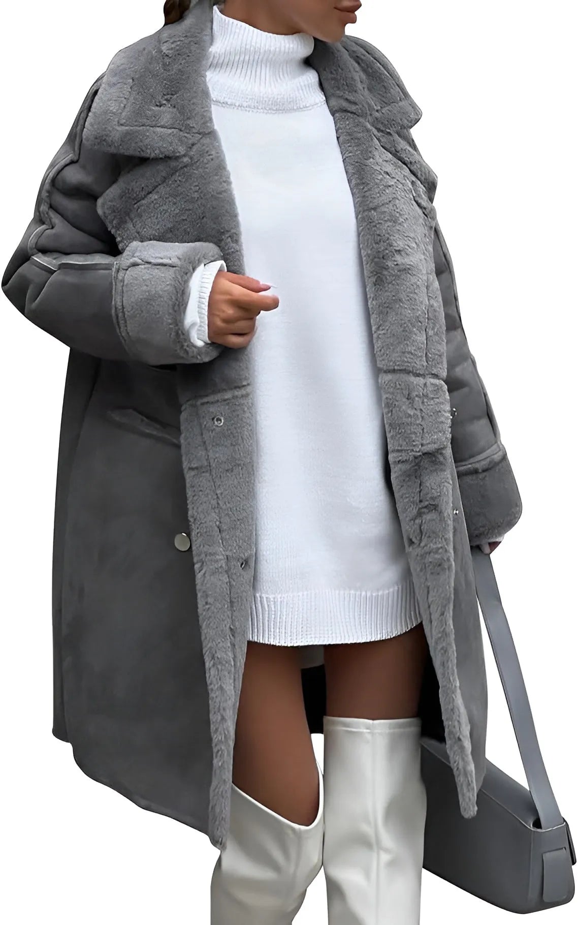 Damen Wintermantel aus grauem Kunstfell, modisch und warm. Perfekt für kalte Tage. Trendige Wintermode, stilvoll und elegant.