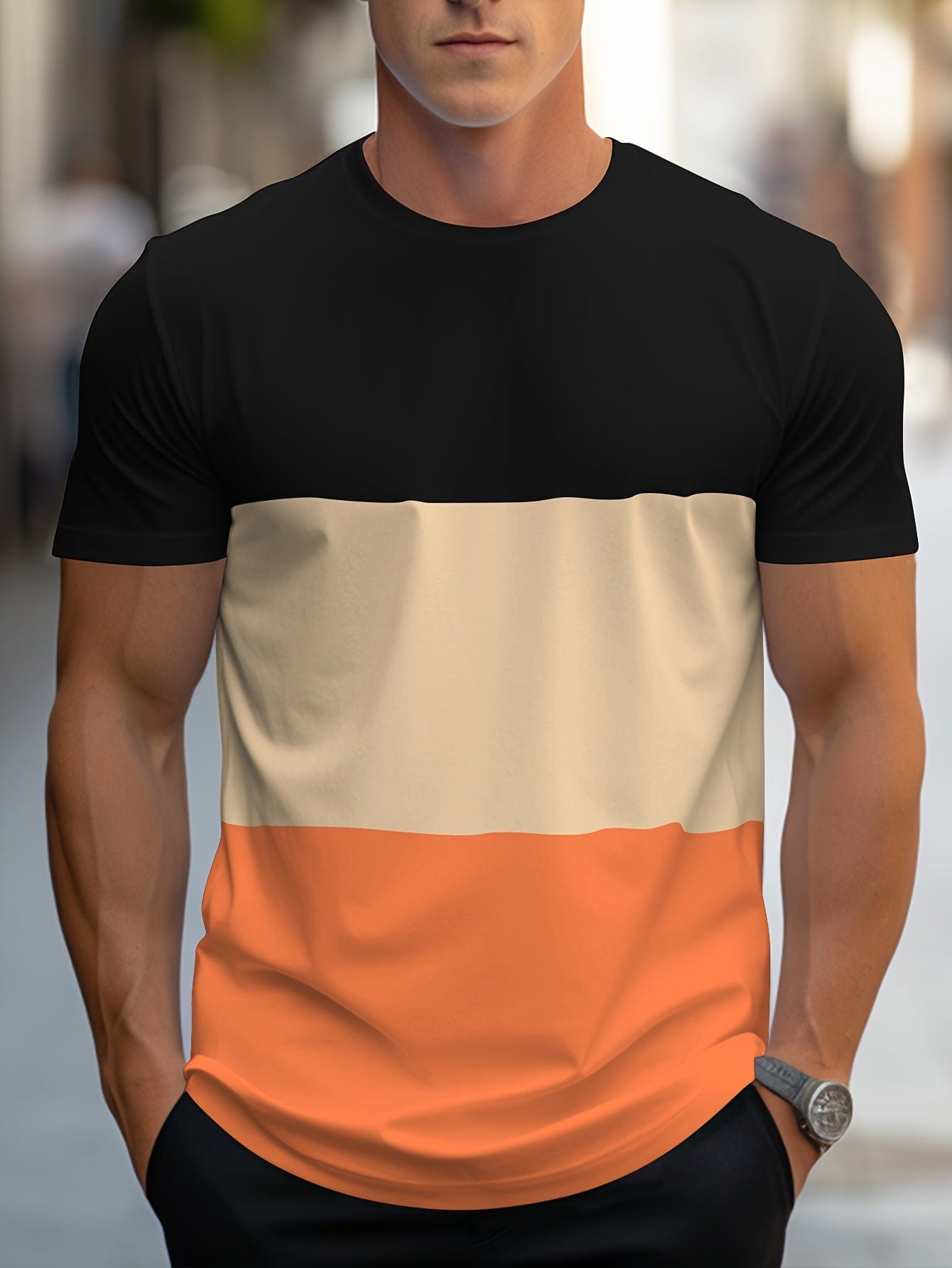 Männer T-Shirt, schwarz-beige-orange, Baumwolle, lässig, modisch, Kurzarm, Streetwear.