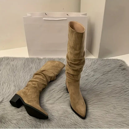 Damen Stiefel aus Wildleder in Beige, kniehoch, mit spitzer Zehenpartie und Blockabsatz. Perfekt für Herbstmode und elegante Outfits.