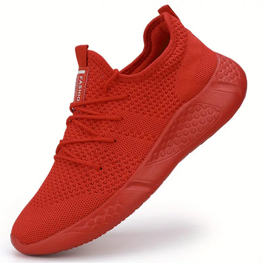 Roter Sneaker mit atmungsaktivem Strick-Obermaterial, rutschfester Sohle und modischem Design. Perfekt für Sport und Freizeit.