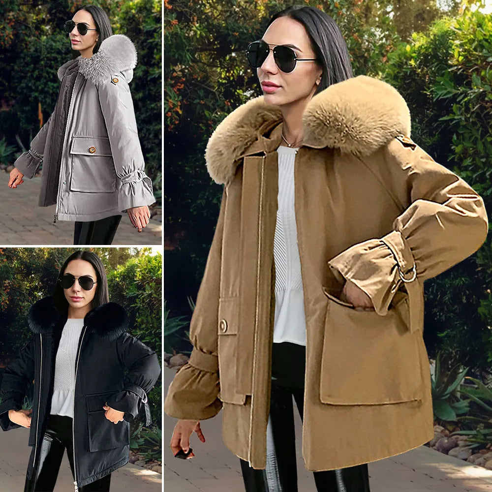 Damen Winterjacke mit Kapuze und Kunstpelzkragen, erhältlich in Beige, Grau und Schwarz. Stilvoll, warm und perfekt für kalte Tage.
