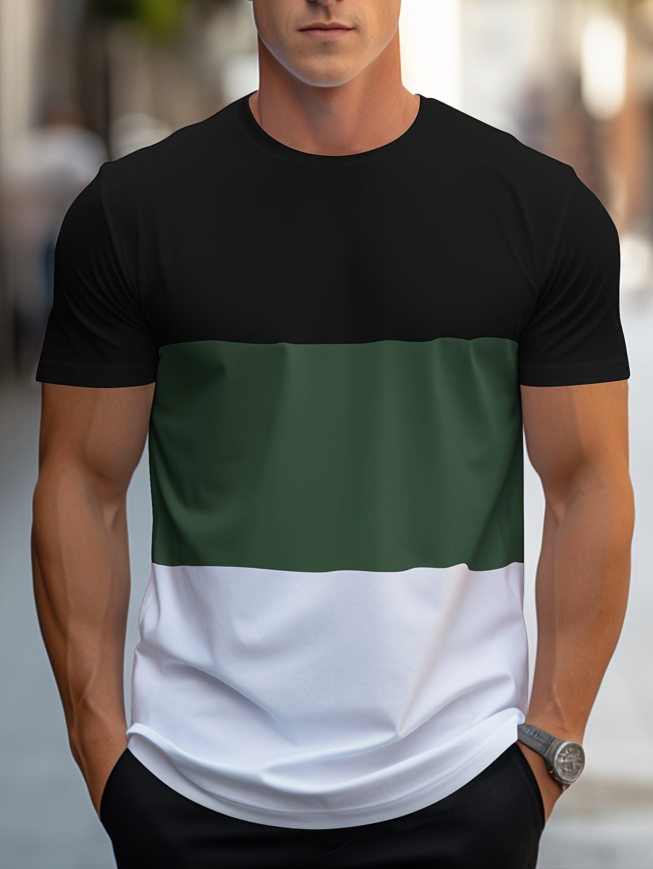 Männer T-Shirt, schwarz-grün-weiß, Kurzarm, Baumwolle, lässig, modisch, Streetwear.