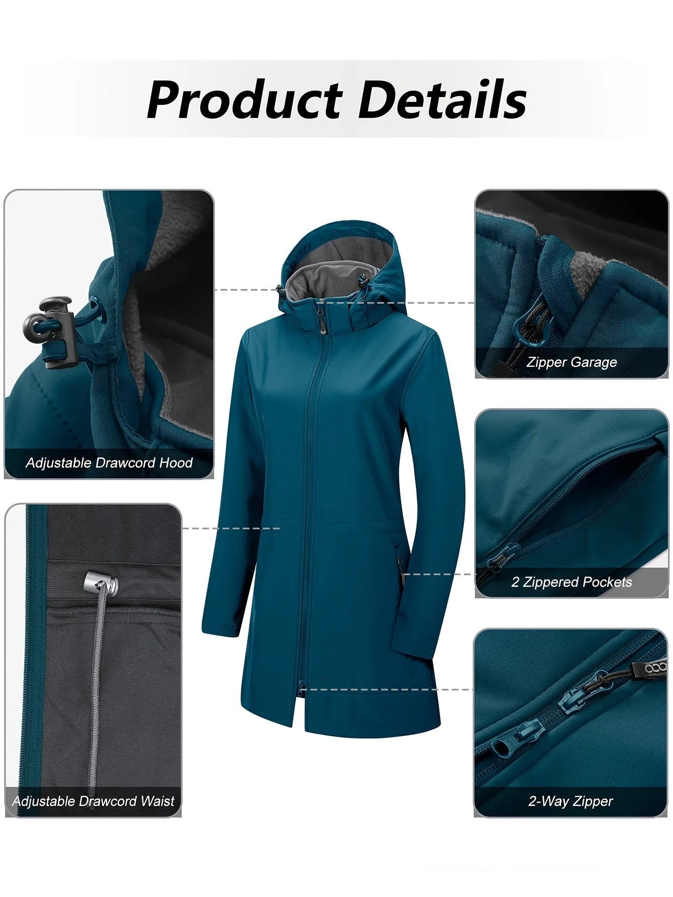 Damen-Softshelljacke in Petrol mit verstellbarer Kapuze, 2-Wege-Reißverschluss, Reißverschlusstaschen und Kordelzug in der Taille. Ideal für Outdoor.