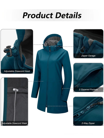 Damen-Softshelljacke in Petrol mit verstellbarer Kapuze, 2-Wege-Reißverschluss, Reißverschlusstaschen und Kordelzug in der Taille. Ideal für Outdoor.