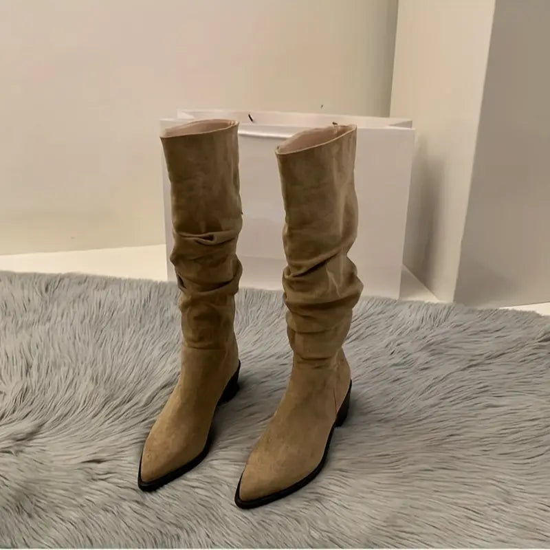 Damen Stiefel aus Wildleder in Beige, kniehoch, mit spitzer Zehenpartie. Perfekt für Herbstmode, stilvoll und vielseitig kombinierbar.