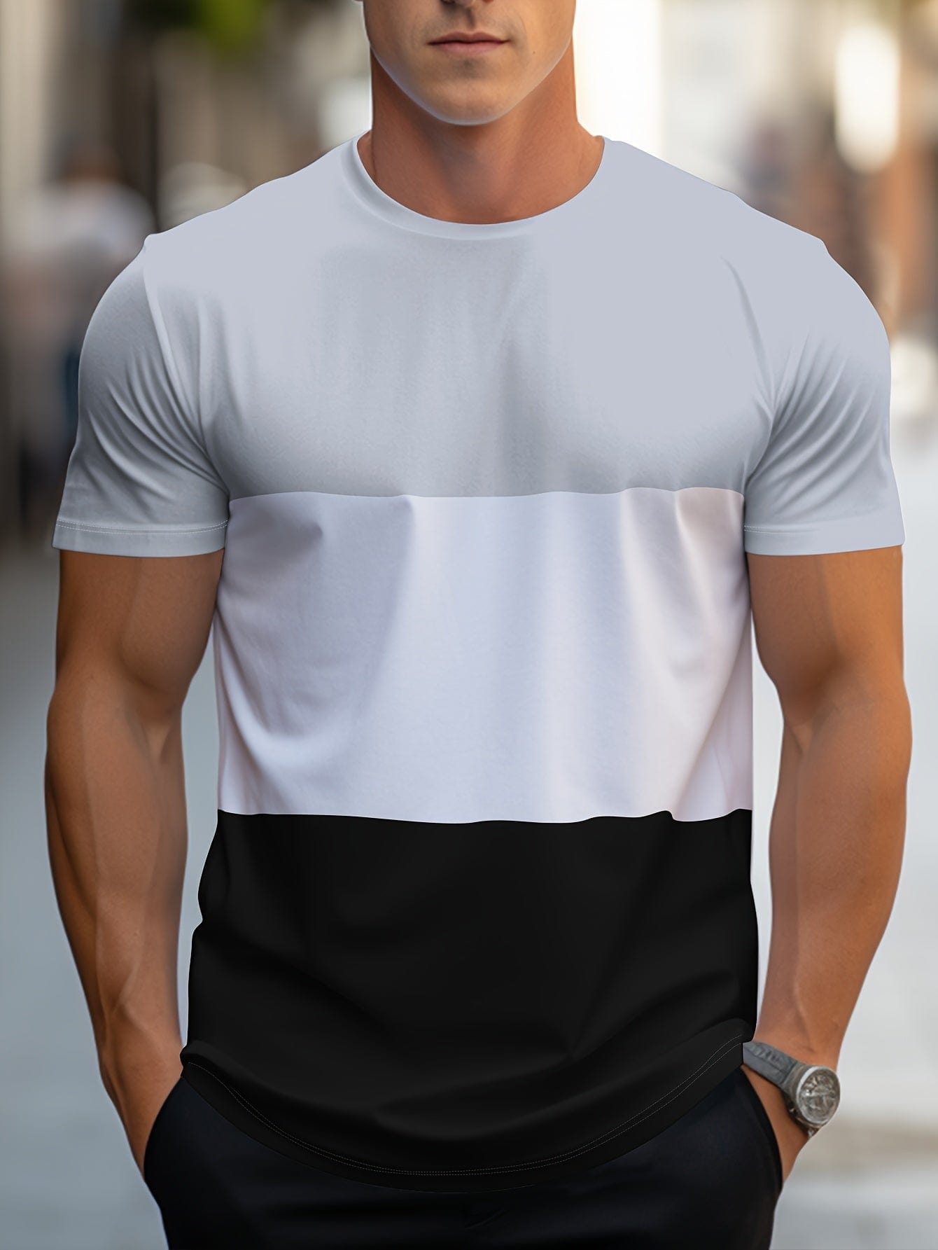 Mann in weiß-schwarz gestreiftem T-Shirt, lässige Mode, Sommerkleidung, Herrenbekleidung.