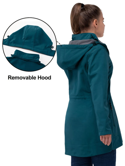 Damenmantel mit abnehmbarer Kapuze, wasserabweisend, winddicht, in Petrol. Ideal für Outdoor-Aktivitäten. Funktionale und stilvolle Jacke.